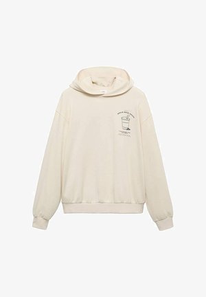 Beige Kapuzenpullover aus weichem Material, mit einer großen, lässigen Kapuze, überschnittenen Schultern und einem Grafikmotiv eines Bechers auf der Vorderseite.