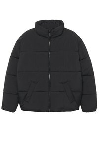 Czarna kurtka puchowa z wysokim kołnierzem, przednim zapięciem na zamek błyskawiczny i dwoma bocznymi kieszeniami. Posiada pikowany wzór dla lepszej izolacji.