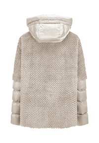 Helle beiget Jacke mit einem strukturierten Fleece-Oberteil, einer glänzenden, gesteppten Kapuze und gepolsterten Ärmeln. Kurzes, locker sitzendes Design.