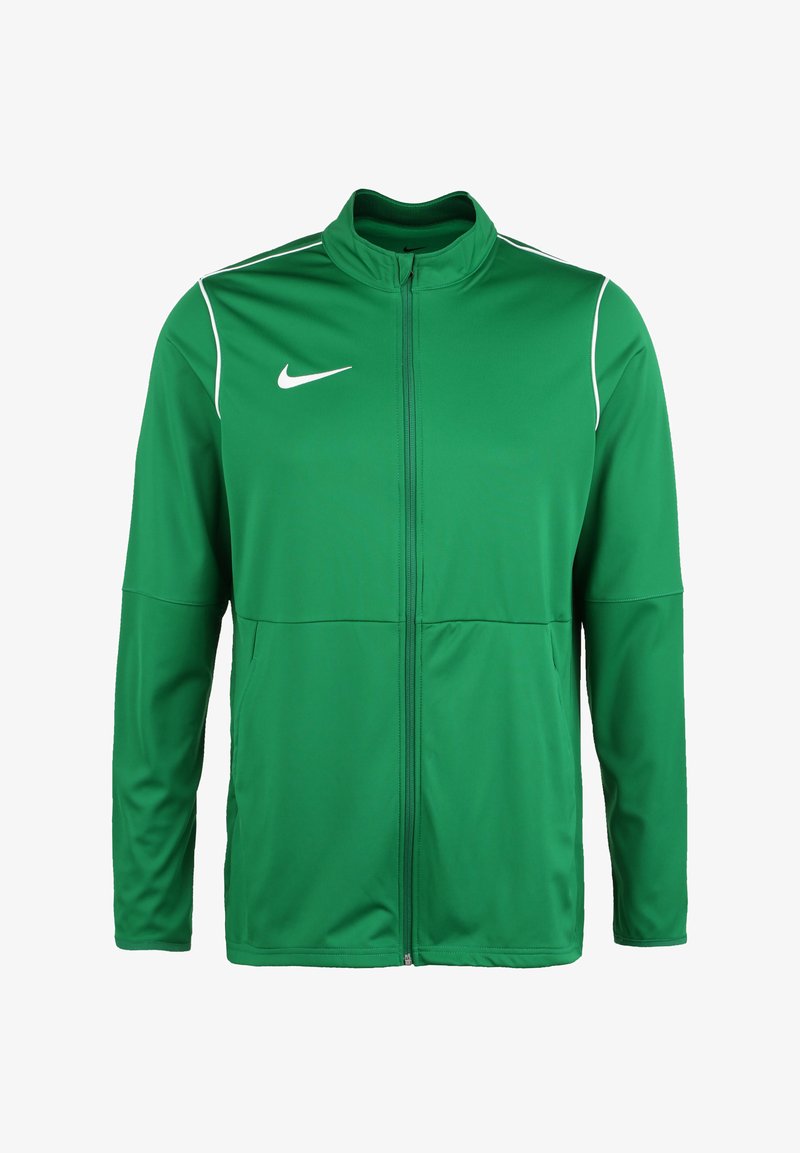 Grüne Nike-Jacke mit Kragen, durchgehendem Reißverschluss, weißen Akzenten entlang der Schultern und Seitentaschen, hergestellt aus leichtem synthetischen Material.