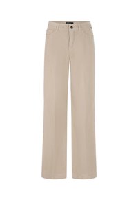 Beige, wide-leg pants made of a textured fabric, featuring front pockets and a button closure, with a straight cut and minimal detailing.