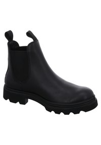 Bottines en cuir noir avec des panneaux élastiques sur les côtés, bout rond et semelle en caoutchouc robuste. Dotées de languettes pour un enfilage facile.