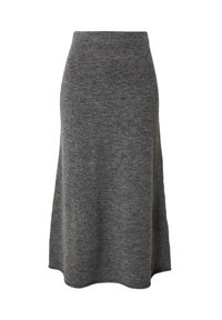 Grijze gebreide midi-jurk met een hoge taille en een uitlopende uitstraling. Zachte textuur en een gladde afwerking. De zoomlijn is licht gebogen voor een subtiele beweging.