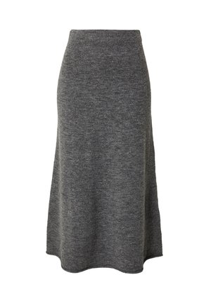 Gray knitted midi skirt with a high waist and flared design. Soft texture and smooth finish. Hemline is slightly curved for subtle movement.