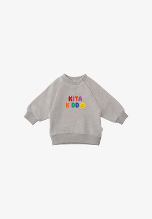 Gray toddler sweatshirt with colorful "KITA KIDDO" text and a yellow smiley face on the front, ribbed cuffs and hem.