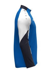 Langemouwen jack met een blauwe body, witte en zwarte accenten, hoge kraag en zijzakken; gemaakt van lichte, gladde stof.