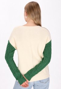 Strickpullover mit einem cremefarbenen Körper und grünen Zopfmuster-Ärmeln, mit gerippten Bündchen und einem runden Ausschnitt, von hinten präsentiert.