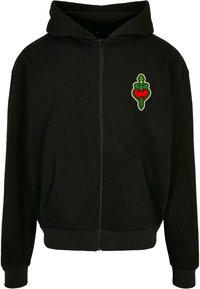 Svart hettejakke med glidelås laget av mykt stoff, med en frontlomme og et brodert design av et grønt sverd og et rødt hjerte på brystet.