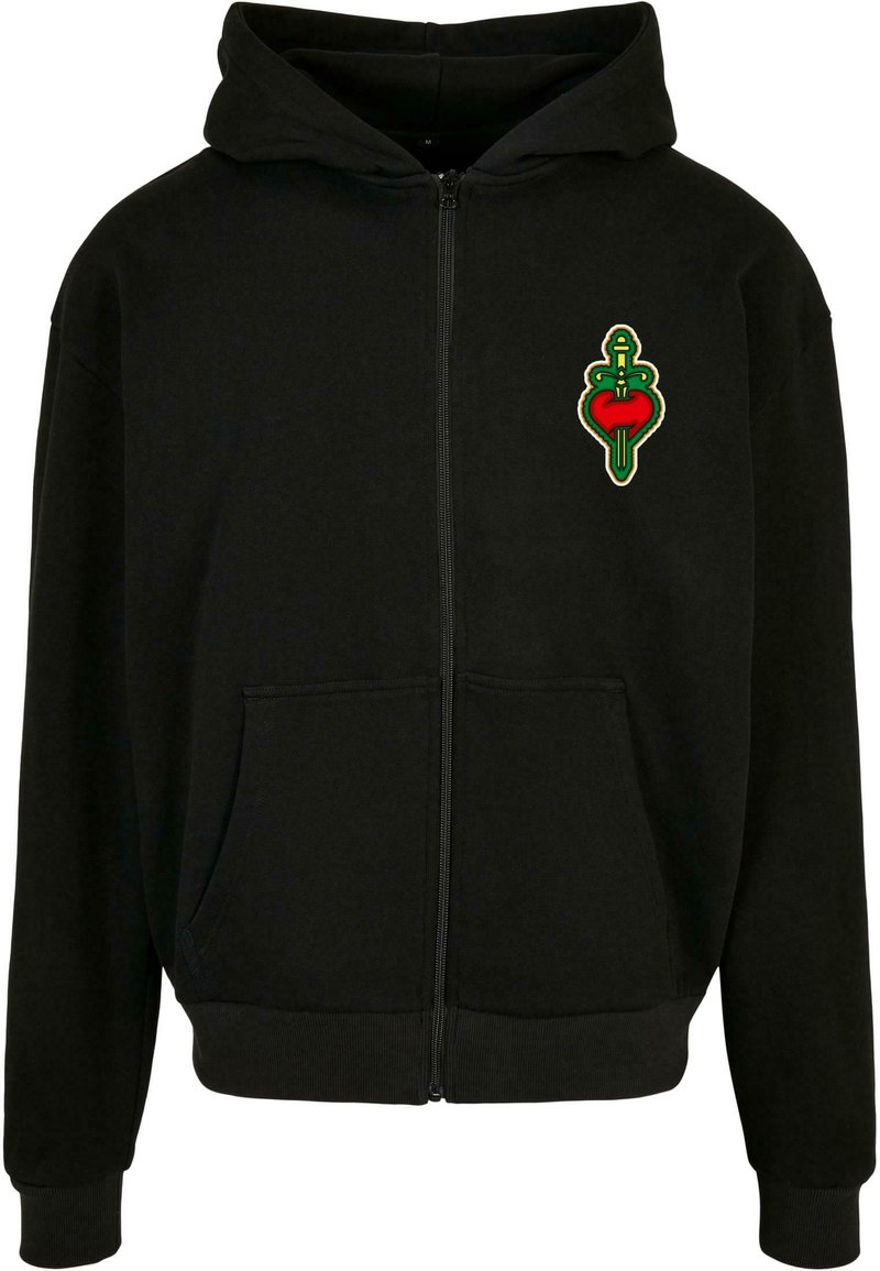 Svart hettejakke med glidelås laget av mykt stoff, med en frontlomme og et brodert design av et grønt sverd og et rødt hjerte på brystet.