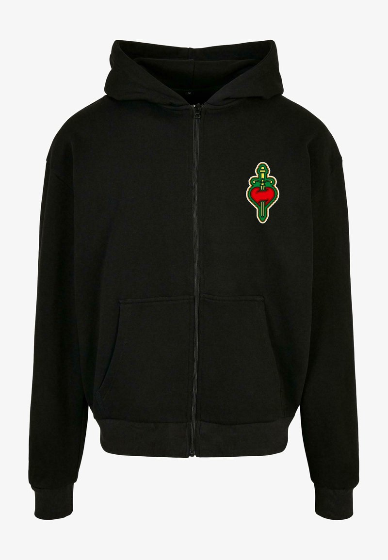 Felpa nera con zip realizzata in tessuto morbido, dotata di tasca frontale e di un design ricamato di una spada verde e un cuore rosso sul petto.