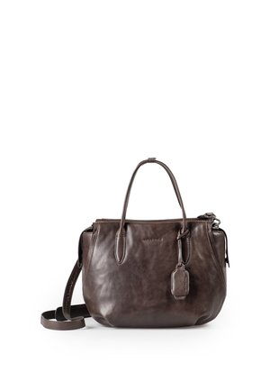 Dunkelbraune Lederhandtasche mit zwei oberen Griffen, einem abnehmbaren Schulterriemen und einem kleinen befestigten Lederanhänger.