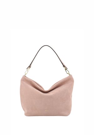 Soft pink suede shoulder bag with gold clasps and dark strap, slightly slouched shape, small gold brand logo on front center.