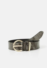 Dark snake-patterned leather belt with shiny gold round buckle and belt loop, coiled on a white surface.