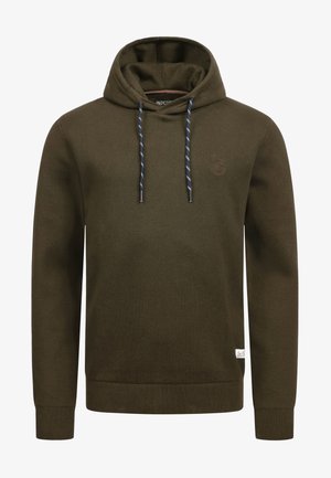 Olijfgroene hoodie van gestructureerde stof, met een trekkoordkap met contrasterende blauwe en witte strepen en een logo patch op de borst.