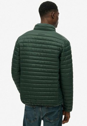 Gevoerde jas in donkergroen, met een gestikt ontwerp en een staande kraag. Het materiaal lijkt soepel met een lichte glans.