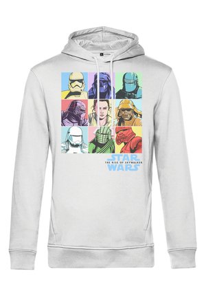 Weißer Hoodie mit einem grafischen Druck von Star Wars Charakteren in bunten Quadraten. Der Text lautet "STAR WARS: DER AufSTIEG SKYWALKERS" am unteren Rand.