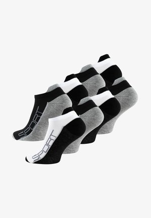 Six paires de socquettes de sport en noir, gris et blanc ; fabriquées en tissu texturé avec des talons et des orteils renforcés ; logo "SPORT" imprimé.