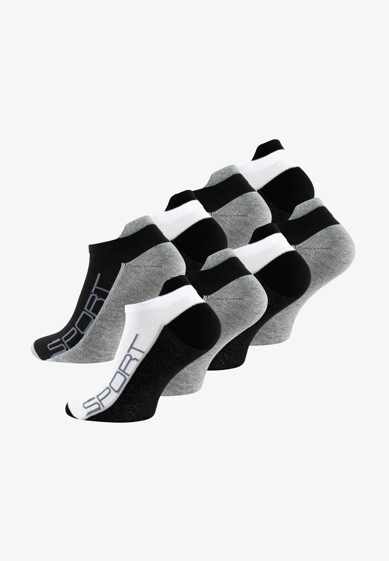 Six paires de socquettes de sport en noir, gris et blanc ; fabriquées en tissu texturé avec des talons et des orteils renforcés ; logo "SPORT" imprimé.