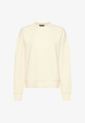 Felpa color crema con motivo logo in rilievo, scollo rotondo, spalle scese e polsini e orlo a coste. Tessuto morbido e strutturato.