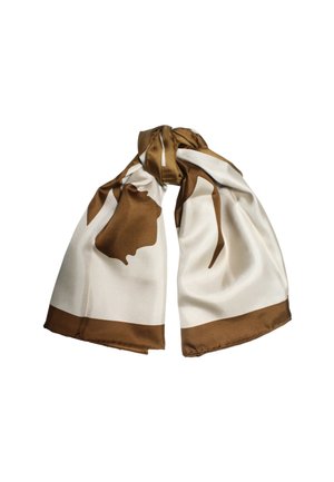Foulard di seta con una combinazione di colori beige e marrone, caratterizzato da una superficie liscia e da un grande motivo astratto, annodato in modo morbido.