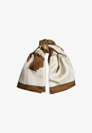 Foulard di seta con una combinazione di colori beige e marrone, caratterizzato da una superficie liscia e da un grande motivo astratto, annodato in modo morbido.