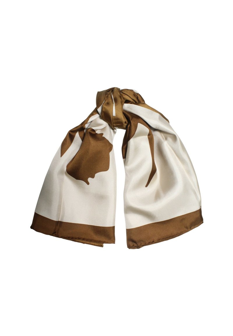 Foulard di seta con una combinazione di colori beige e marrone, caratterizzato da una superficie liscia e da un grande motivo astratto, annodato in modo morbido.