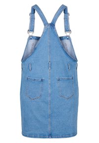 Denim overall dressi vaaleansinisessä värissä. Ominaisuuksiin kuuluvat säädettävät hihnat, kaksi etutaskua ja suora helma. Reunoissa on kulutettu rakenne.