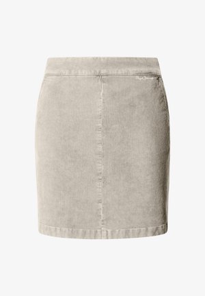 Svetlobéžová mini sukňa z kordovanej látky s rovný strihom a jemným logom značky blízko pása.