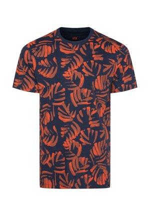 Koszulka z krótkim rękawem z granatowej bawełny z abstrakcyjnym pomarańczowym wzorem liści. Posiada okrągły dekolt i standardowy krój.