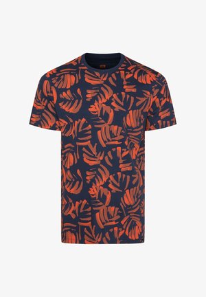 T-shirt à manches courtes en coton marine avec un motif abstrait de feuilles orange. Comprend un col rond et une coupe standard.