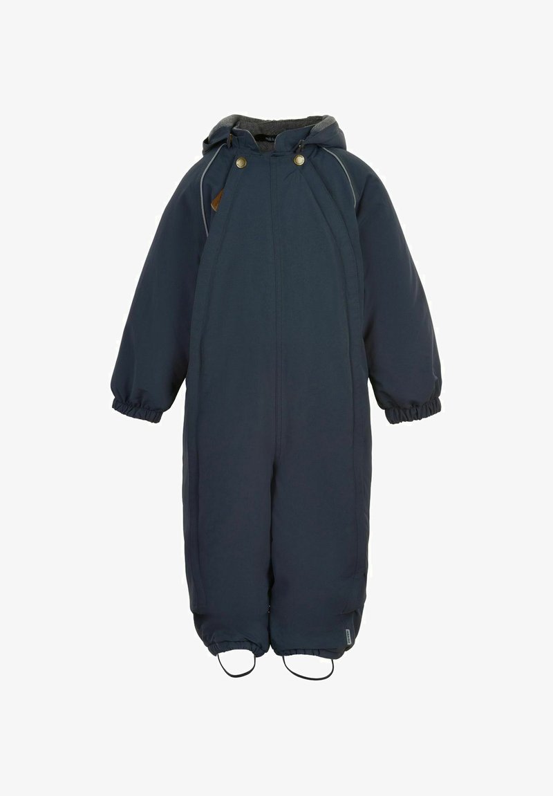 Granatowy, ocieplany kombinezon narciarski z kapturem, elastycznymi mankietami i ściągaczem. Posiada gładką fakturę i prosty design bez wzorów.