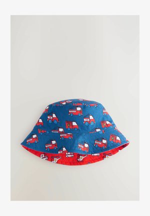 Blue bucket hat featuring red fire truck and rescue vehicle patterns. Soft fabric with a wide, floppy brim. Reversible to solid red interior.