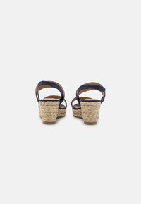 Marineblå sandaler med flettede espadrille-lignende hæle, med to smalle stropper og lukket bag for en sikker pasform.