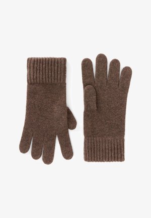 Braune gestrickte Handschuhe mit gerippten Bündchen, aus einer weichen Wollmischung gefertigt. Verfügt über fünf Fingeröffnungen und eine strukturierte Oberfläche.