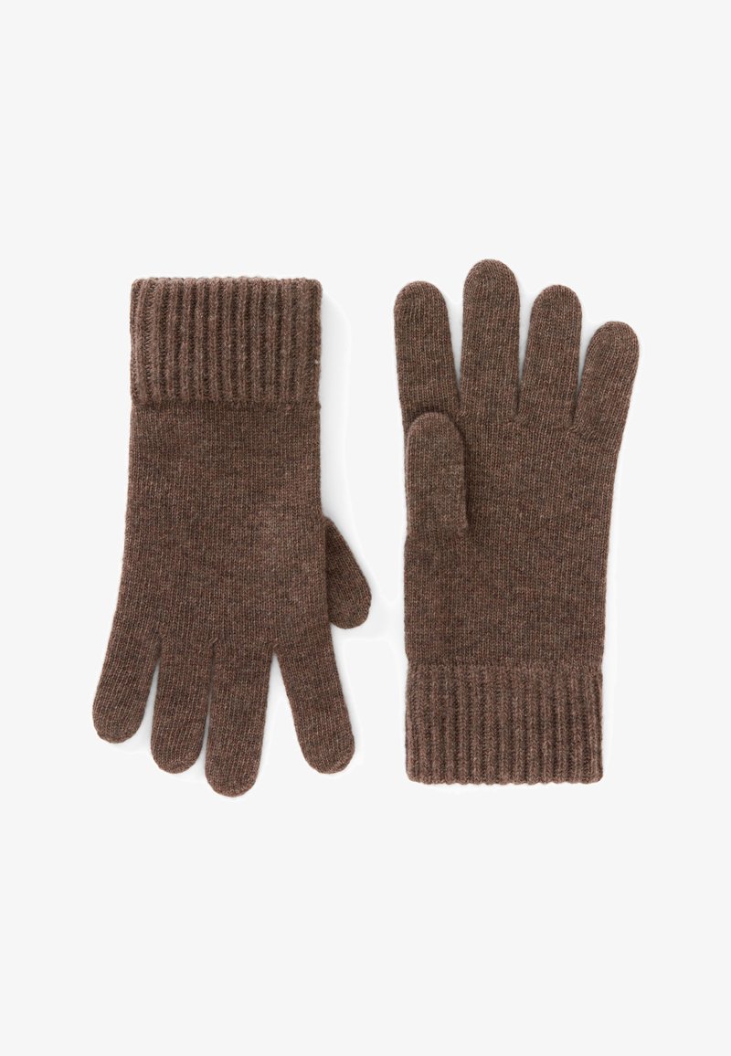 Guanti in maglia marrone con polsini a coste, realizzati in un morbido mix di lana. Presentano cinque aperture per le dita e una superficie texturizzata.