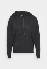 Černá mikina s kapucí vyrobená z měkkého materiálu, s volným střihem, s přední kapsou, šňůrkou na kapuci a stříbrnými akcenty na šňůrkách.