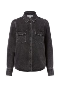 Schwarzes Denim-Hemd mit langen Ärmeln, zwei Brusttaschen mit Klappen und einem spitzen Kragen.