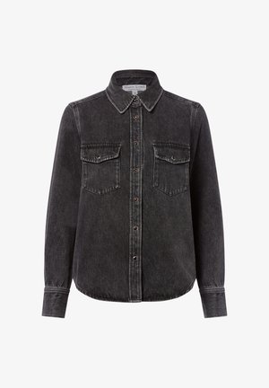 Camicia in denim nera con bottoni e maniche lunghe, due tasche a soffietto sul petto e colletto a punta.