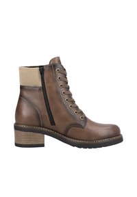 Bottine en cuir marron avec un col élastiqué beige. Présente un dessus à lacets, une fermeture éclair latérale et un talon empilé avec un détail texturé.