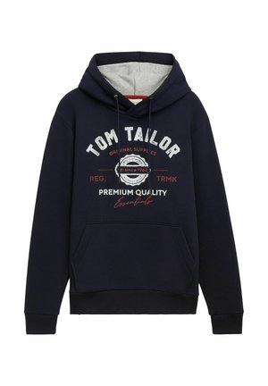 Mørkeblå hettegenser i bomullsblanding, med grå hettefôr, frontlomme og hvit/rød grafisk tekst på brystet. Ribbestrikkede mansjetter og nederkant.