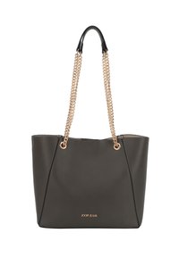 Borsa tote grigia scura con manici a catena dorati, caratterizzata da una superficie liscia e cuciture a contrasto, logo impresso sul davanti.