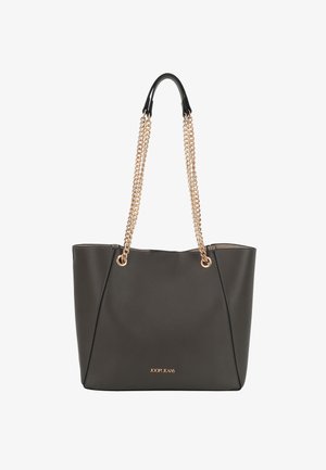 Borsa tote grigia scura con manici a catena dorati, caratterizzata da una superficie liscia e cuciture a contrasto, logo impresso sul davanti.