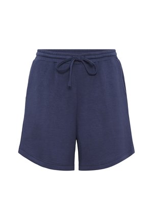 Shorts bleu marine en tissu doux avec une taille élastique et un cordon de serrage ajustable. Dotés d'une coupe décontractée avec des poches latérales.