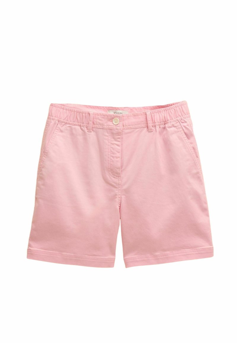 Ružové bavlnené šortky s elastickým pásom, zapínaním na gombík, dvoma bočnými vreckami a čistým lemom. Hladká textúra, ležérny dizajn.