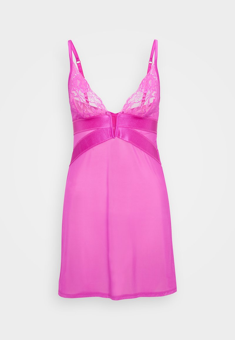 Neglijeu roz cu accente de dantelă și bretele ajustabile. Prezentă o textură transparentă, netedă și un corset ajustat, cu o fustă fluidă.