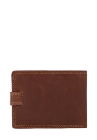 Brown leather wallet with a smooth texture, featuring a stitched outline and a secure flap closure on one side.