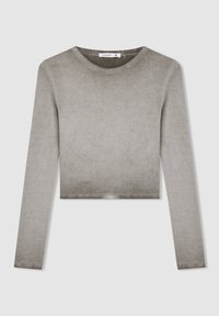 Szary, długi rękaw, krótki top z miękkiego materiału. Posiada okrągły dekolt i dopasowany krój, z gładką, lekko teksturowaną powierzchnią.