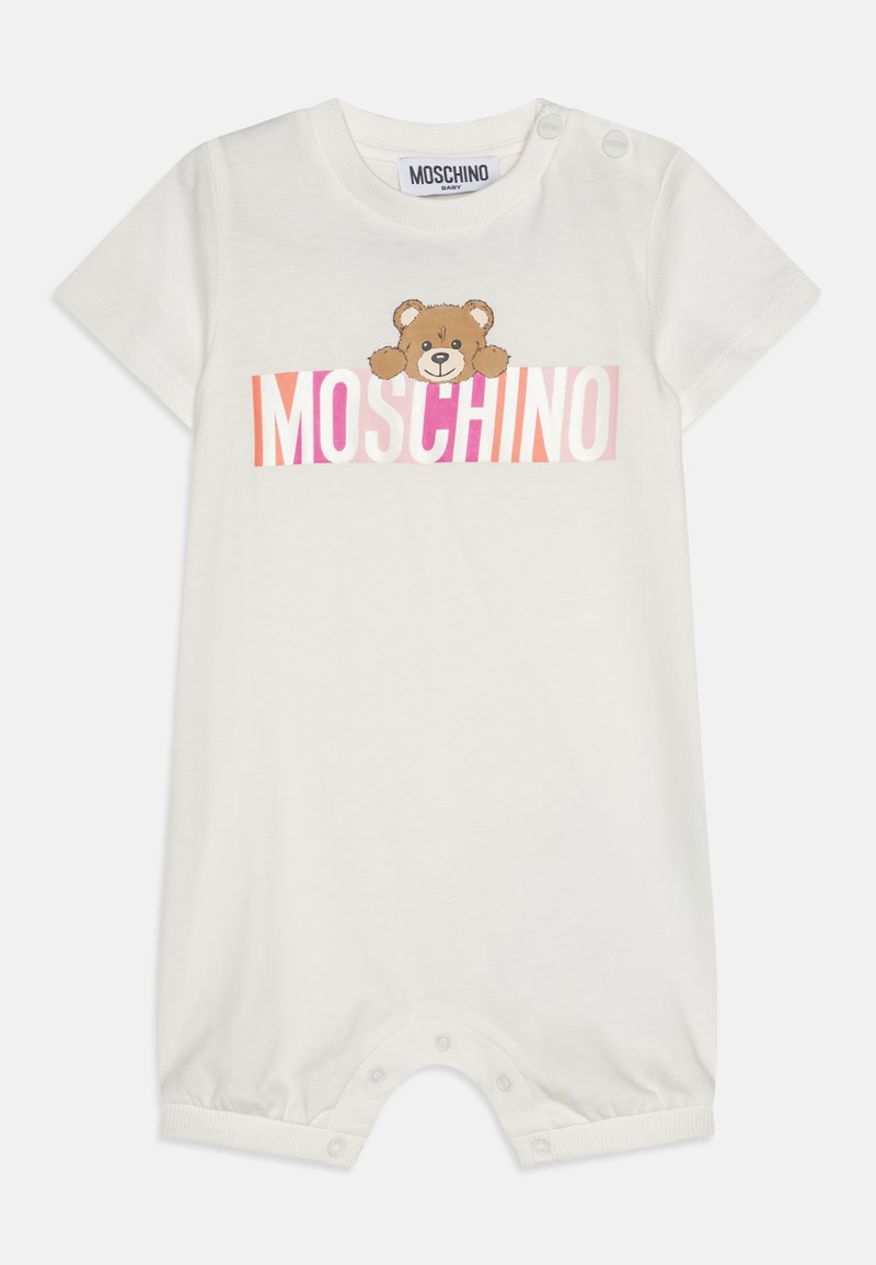 Fehér, rövid ujjú kezeslábas, amely puha pamutból készült, medve grafikával és "MOSCHINO" felirattal, rózsaszín és narancs színátmenetben. Patent gombok az alján.