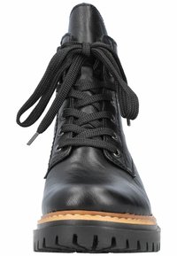 Black leather ankle boot with rounded toe, lace-up front, textured upper, contrasting brown midsole, and rugged black sole.