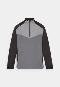Korte glidelås genser i grå og svart, med et chevron-design, mykt stoff, lange ermer og kontrasterende skulderdetaljer.